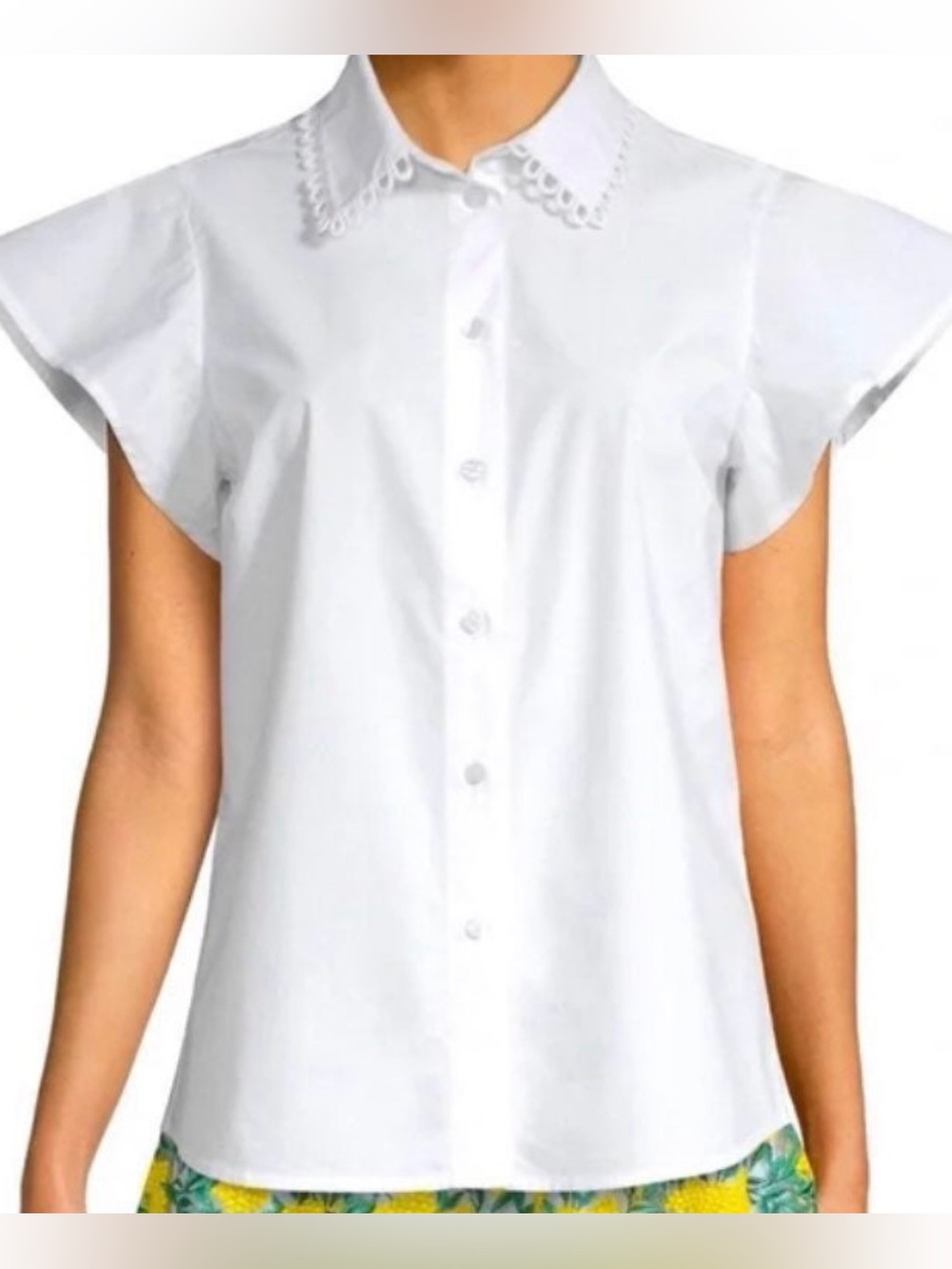Draper James crisp white Eyelet Collar Cap Sleeve Button-Front Top 100% cotton